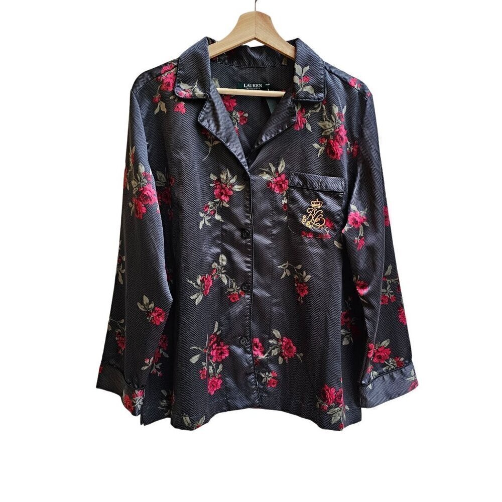 Lauren Ralph Lauren Floral Pajama Top, Embroidered Logo Black & Red, Size Large